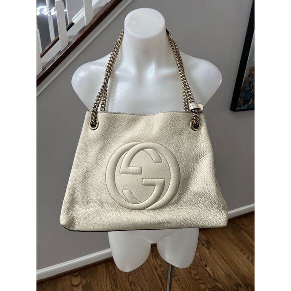 GUCCI Pebbled Calfskin Medium Soho Chain Shoulder Bag Off White Ivory - Picture 3 of 16